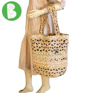 MAGID NY ECO-FRIENDLY JUTE & COTTON WOVEN BEIGE & BLACK LARGE TOTE BAG